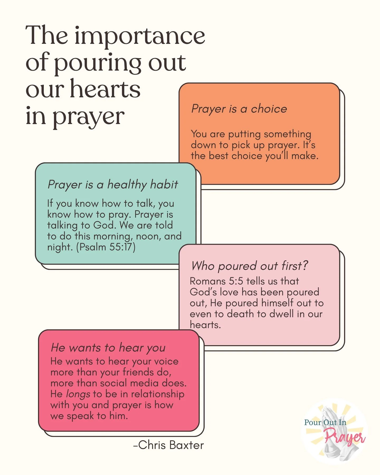 Prayer is essential. How do we pour out hearts out to God in prayer, and why should we?

In our "Pour Out in Prayer" workshop, Chris Baxter helps us answer these questions.

Visit www.girlsliving4god.com/pouroutinprayer to gain access to ou