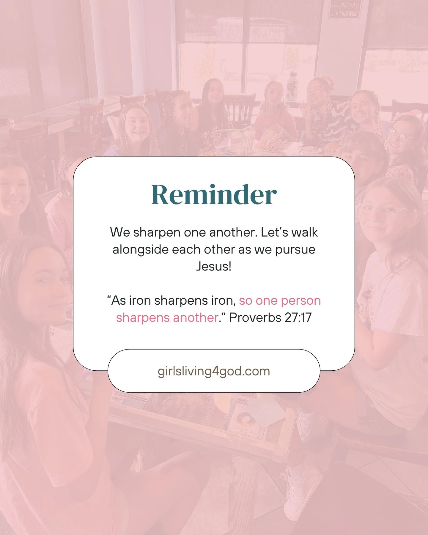 Come and learn how to sharpen and be sharpened by one another at our 𝗘𝗾𝘂𝗶𝗽 &amp; 𝗜𝗴𝗻𝗶𝘁𝗲 𝗡𝗶𝗴𝗵𝘁! We're better together 🧡

NEXT THURSDAY Sept 24th

7-8pm C/ 8-9pm E

Register at www.girlsliving4god.com/equip-ignitenights