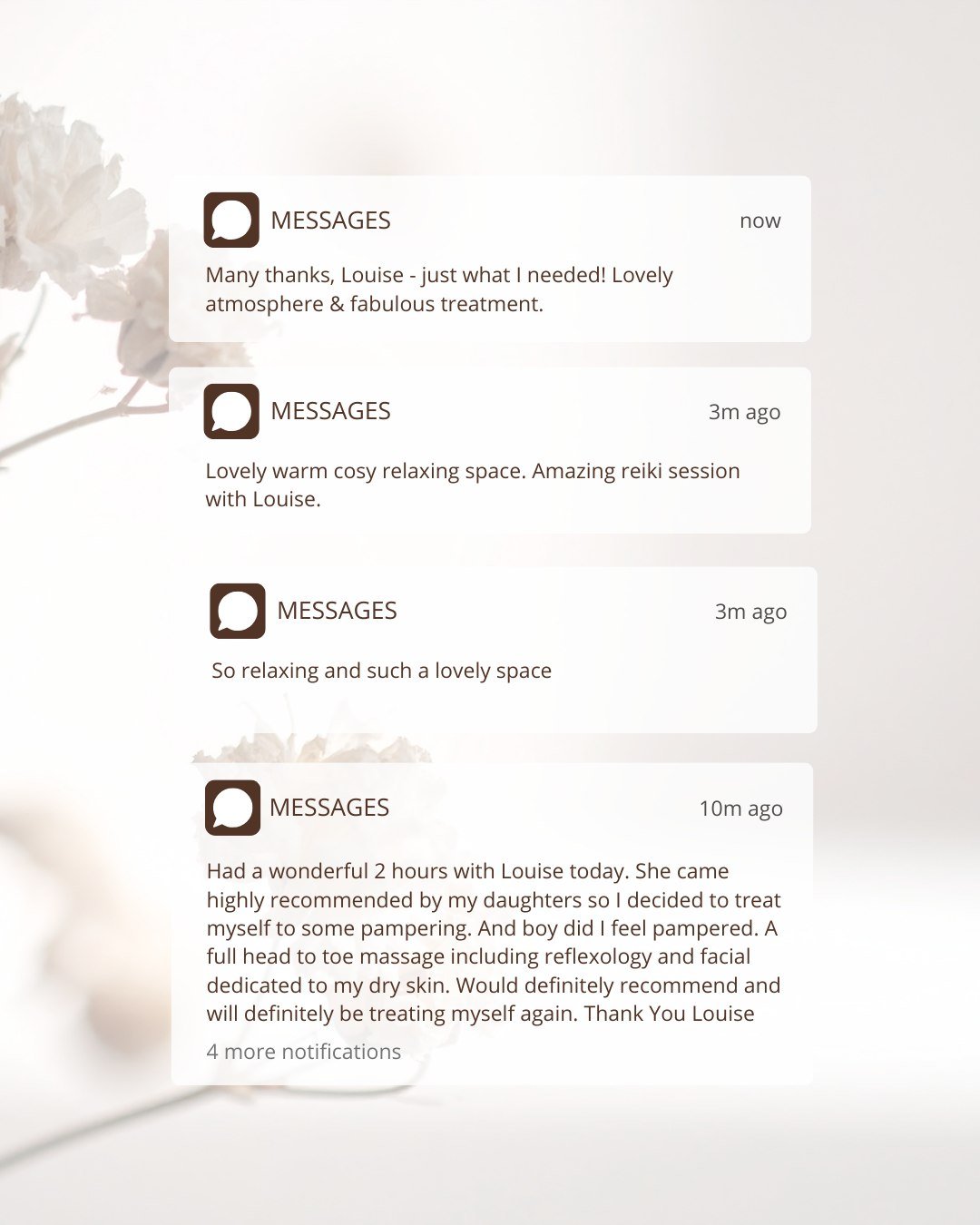 This week I was lucky to welcome 4 new clients to my space.  A mix of treatments, including reiki, a deluxe spa pedicure, a one hour reset and a two hour Restore treatment. 

Each person has left feeling relaxed and rested and have gone on to leave m