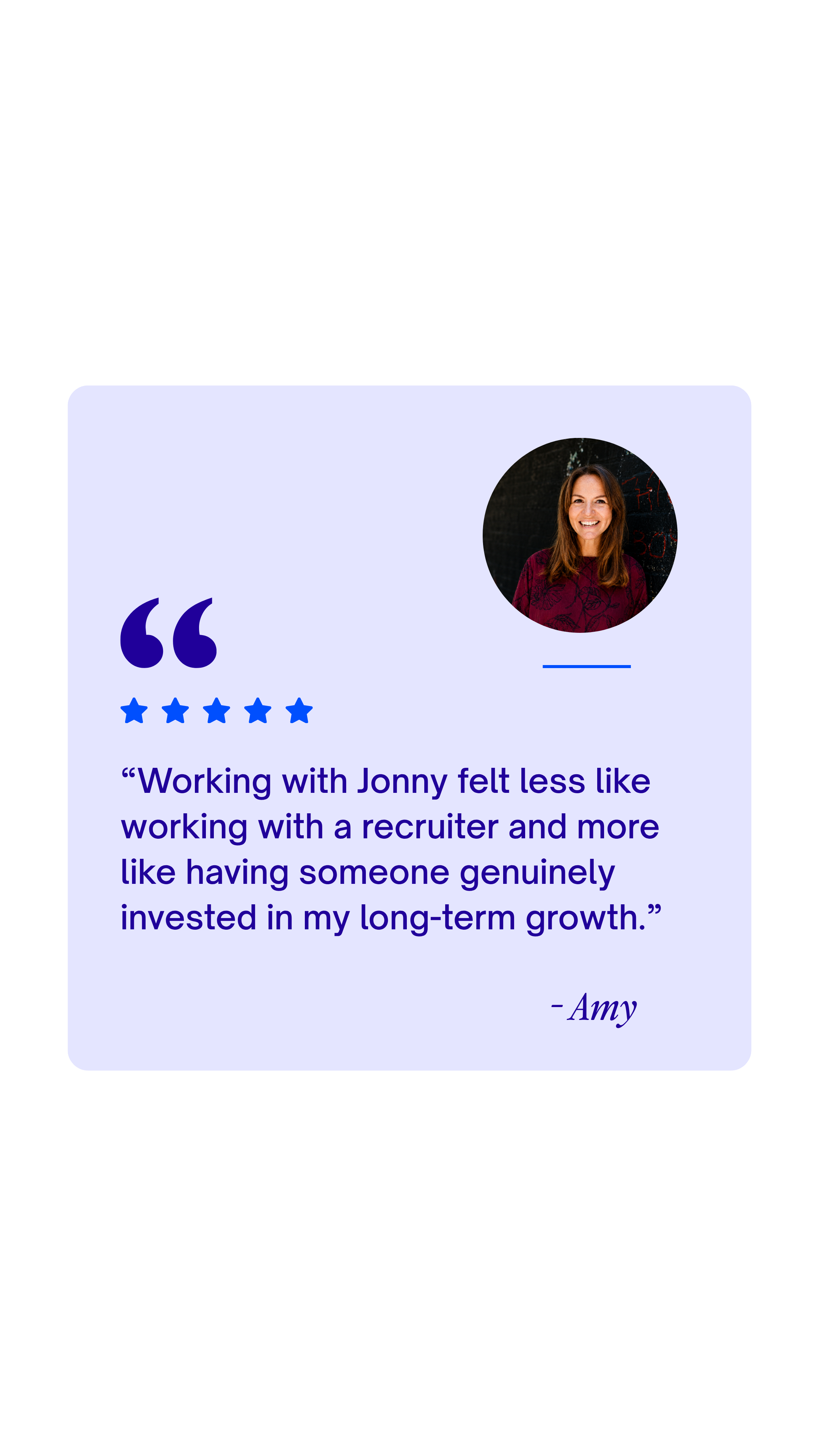 Testimonial quote from Amy, smiling woman in maroon top, 5-star review about working with Jonny, on a purple background with a profile picture of Amy, a black chalkboard background with red and white writing.