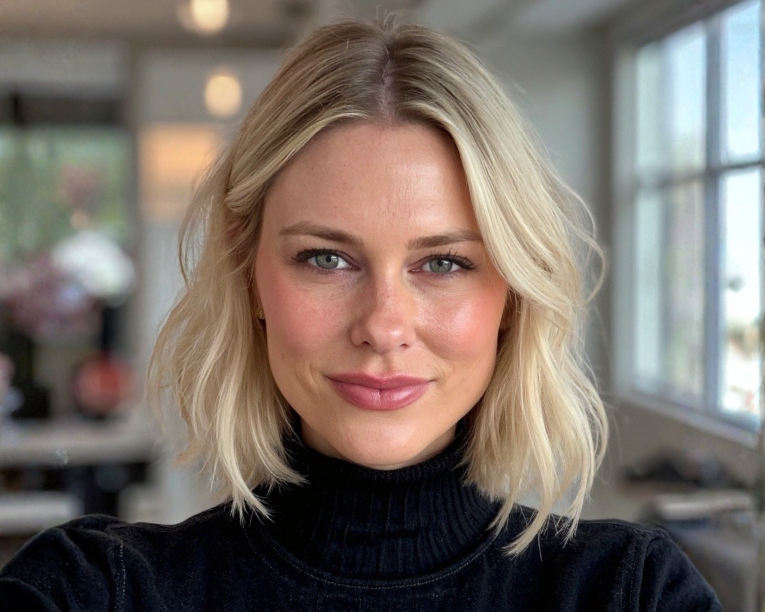 Close-up portrait of a blonde woman wearing a black turtleneck indoors
