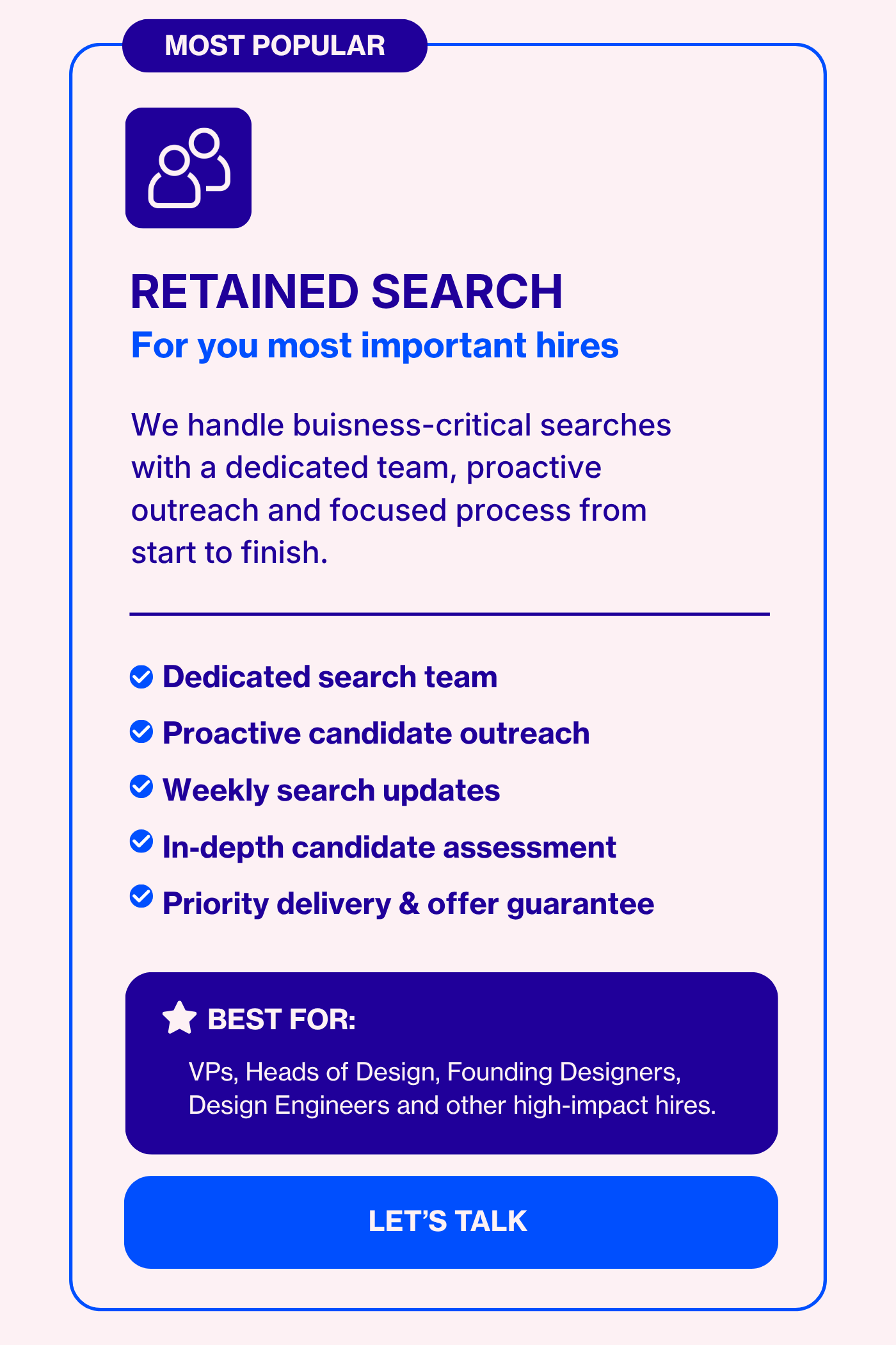Overlay of a digital marketing or recruitment flyer with the heading 'Most Popular' and the subheading 'Retained Search for your most important hires'. It details services like dedicated search team, proactive candidate outreach, weekly updates, in-depth candidate assessment, priority delivery, and offer guarantee, with purple and blue design elements.