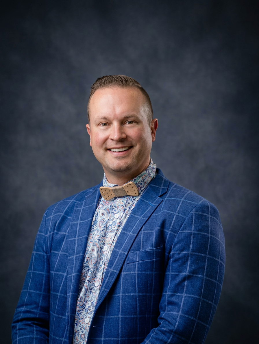 Dr. Lee Hlad, DPM, FACFAS, smiling in a blue windowpane blazer and wooden bow tie, in Waycross and Baxley.