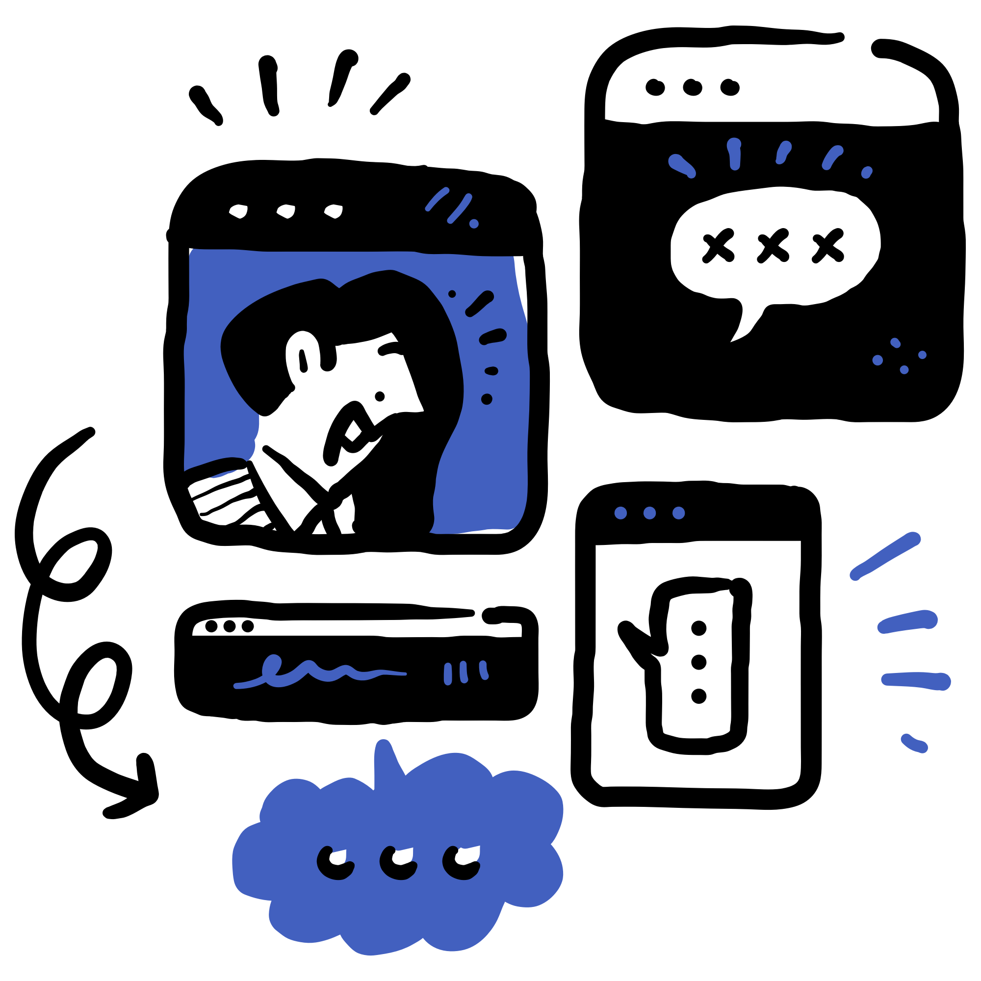 A stylized illustration shows a person talking in a chat window, a speech bubble with “xxx,” a typing bubble with three dots, and an arrow connecting these digital message icons, all in black and blue tones.