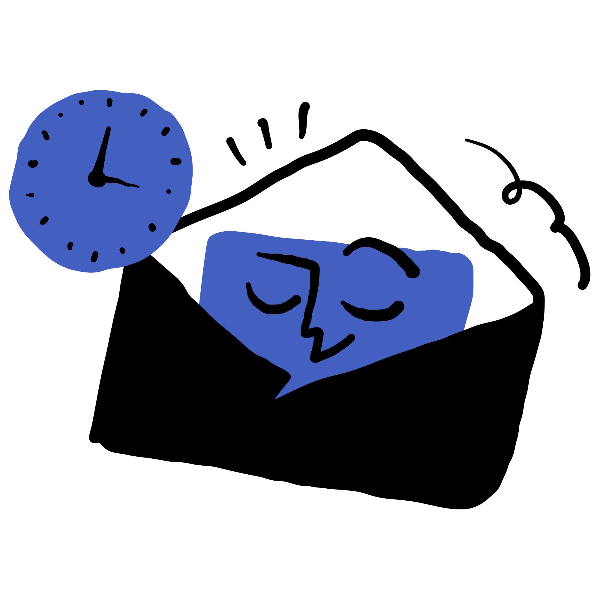 An abstract illustration of a blue letter with a peaceful sleeping face, resting inside a black envelope. A blue clock showing 2 o’clock is above, with a curved line suggesting movement.