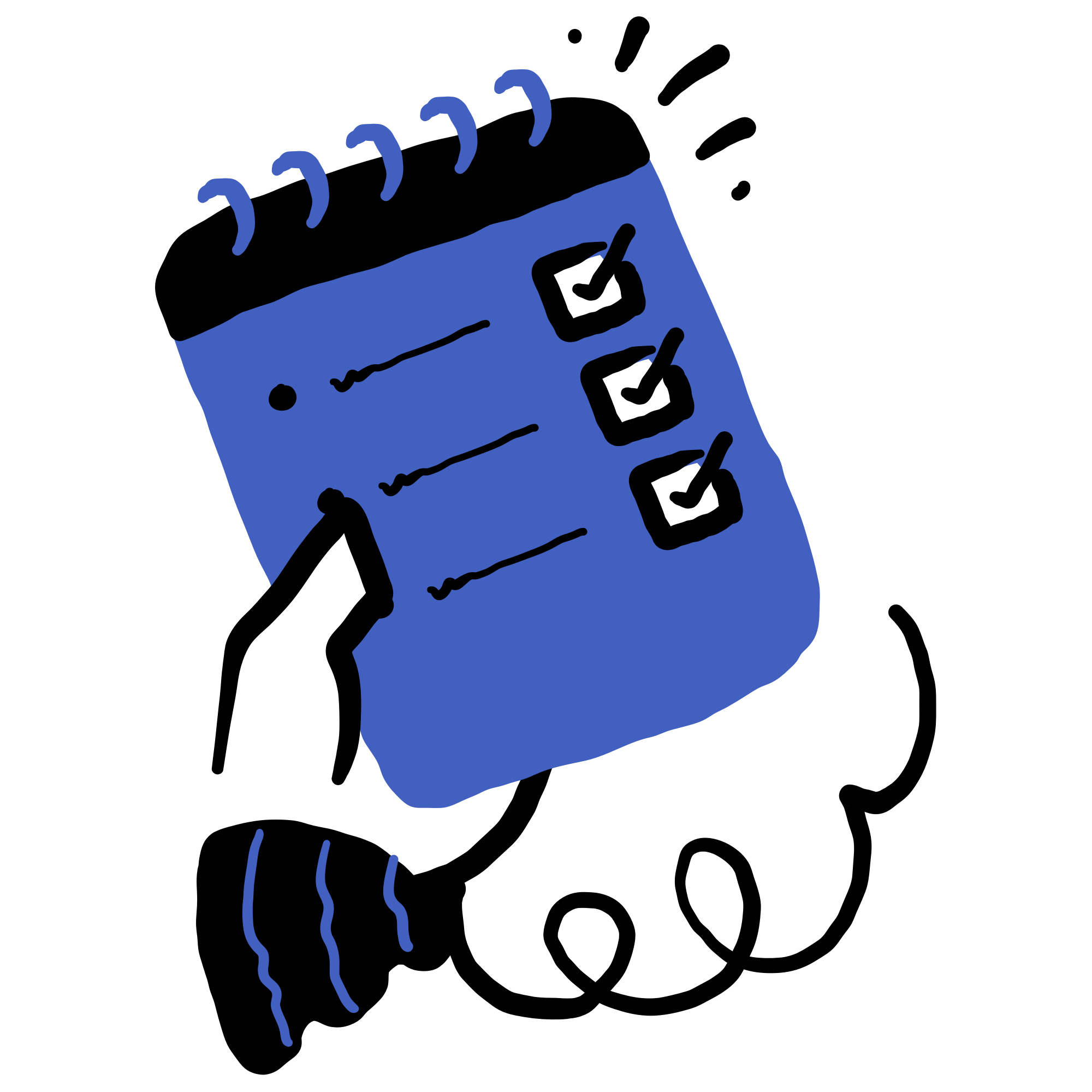 Illustration of a hand holding a spiral notebook with three checkboxes, all marked with check marks, and decorative lines indicating completion or action. The notebook and hand are outlined in black with blue accents.