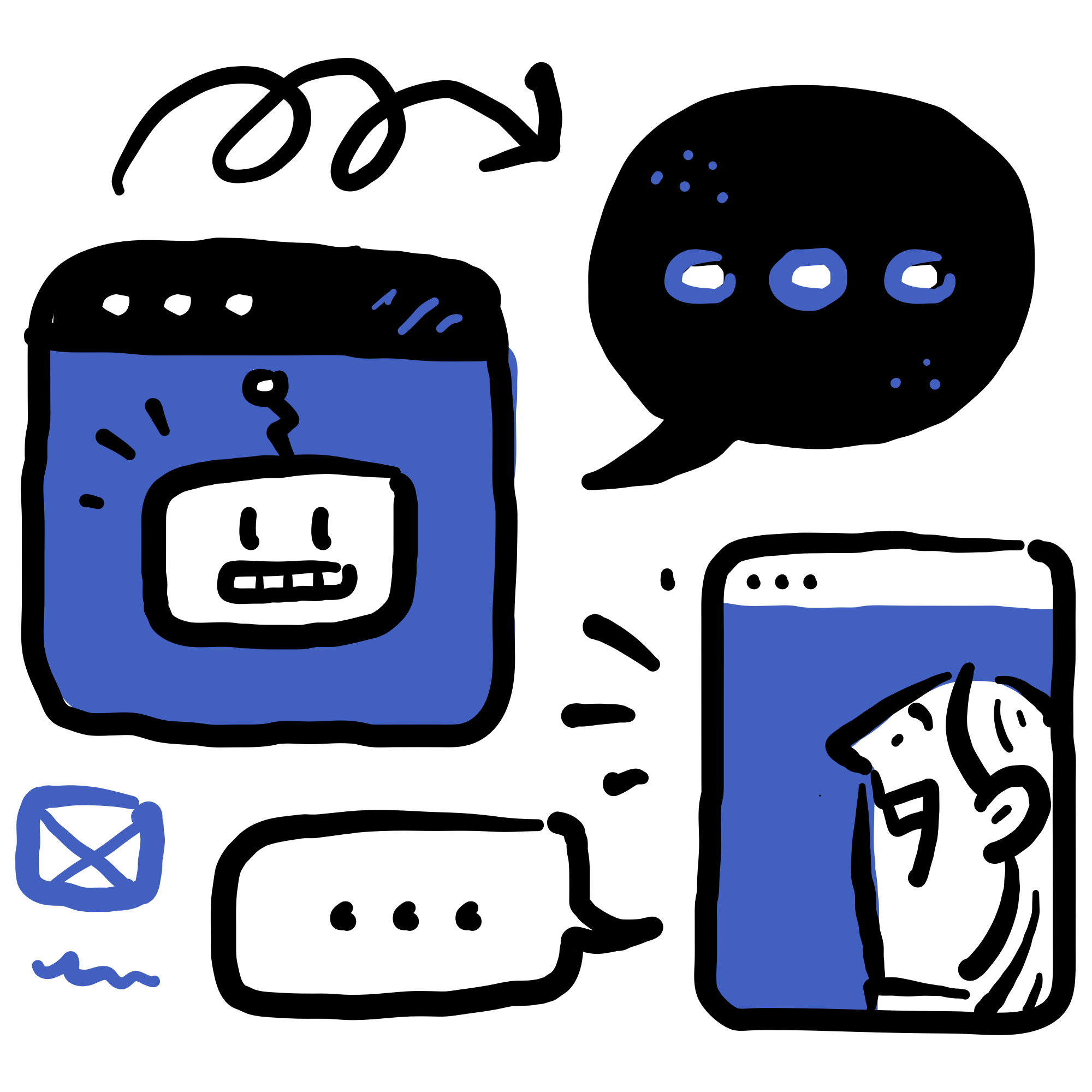 A hand-drawn illustration showing a chatbot icon, speech bubbles with ellipses, an envelope symbol, and a smiling person on a video call screen, all in black and blue.