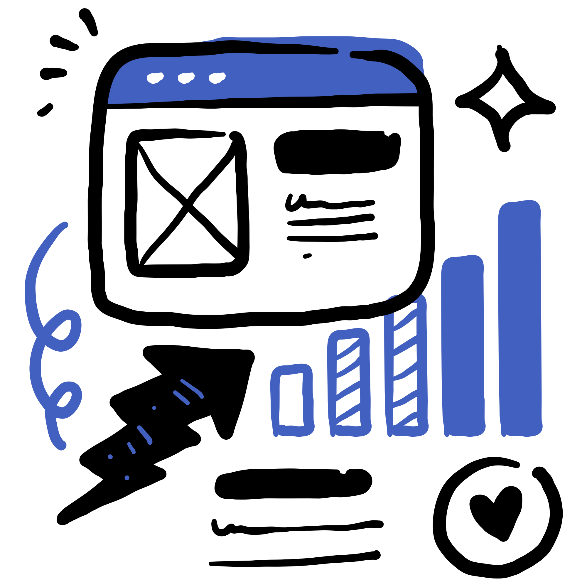 Hand-drawn illustration of a website window with a placeholder image, chart bars, an upward arrow, a star shape, lines of text, a swirl, and a heart symbol. Blue and black colors are used.
