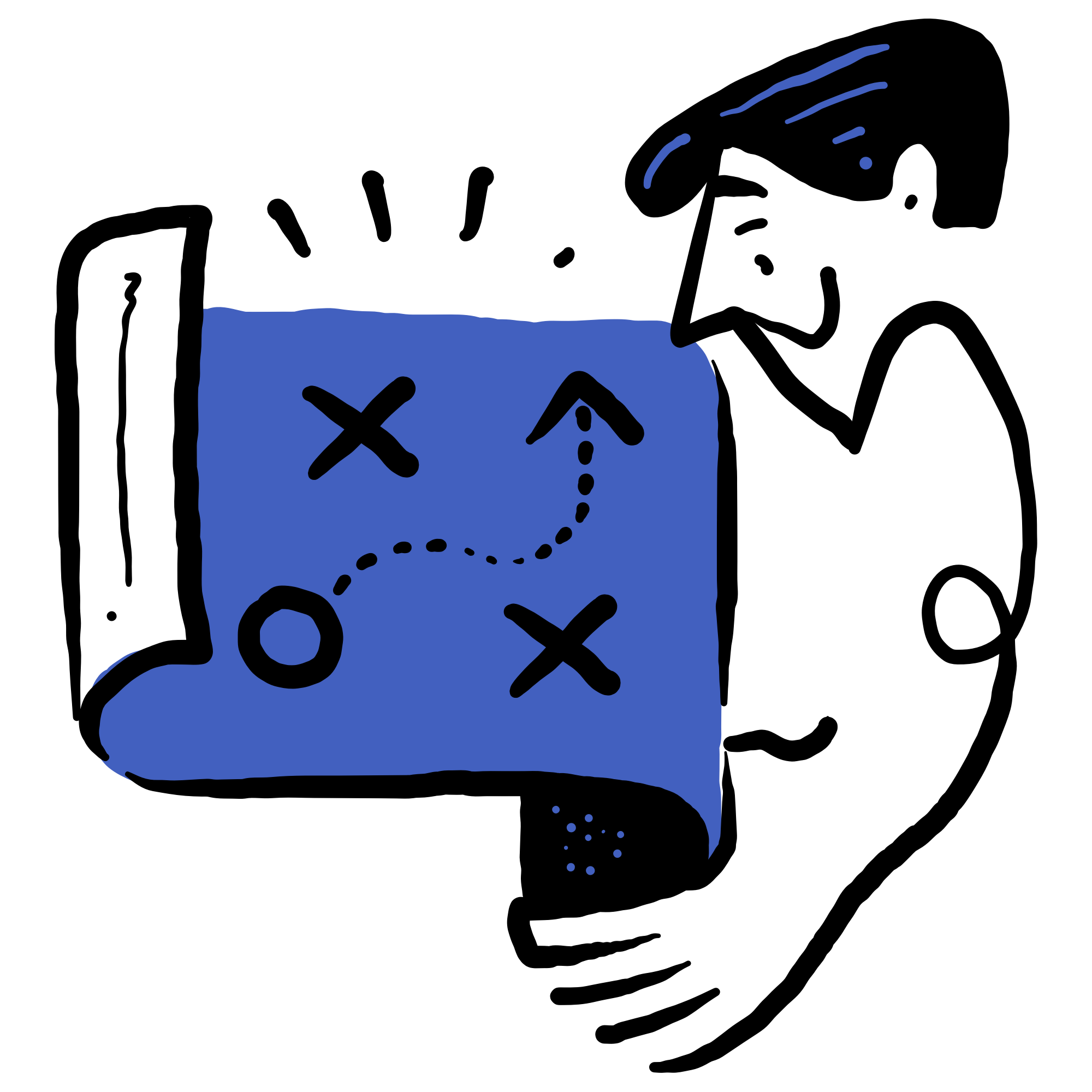 Illustration of a person holding a blueprint or map with Xs, an O, and a dotted arrow indicating a strategic plan or game tactic. The person is looking thoughtfully at the plan.