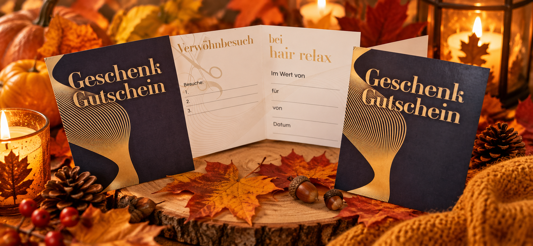 Herbstliche Dekoration mit einem Gutschein, Kerzen, Herbstlaub, Pelz, Zapfen und Kastanien auf einem Holzstück. Der Gutschein ist offen, zeigt die Worte 'Geschenk Gutschein', 'Verwöhnbesuch bei hair relax' und Platz für Namen, Datum und Besuche.