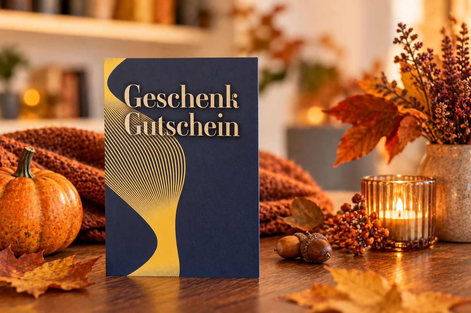 Ein Geschenk-Gutschein auf einem Holztisch mit Herbstdekoration, Kürbis, getrockneten Blättern, Kerze und Blumen