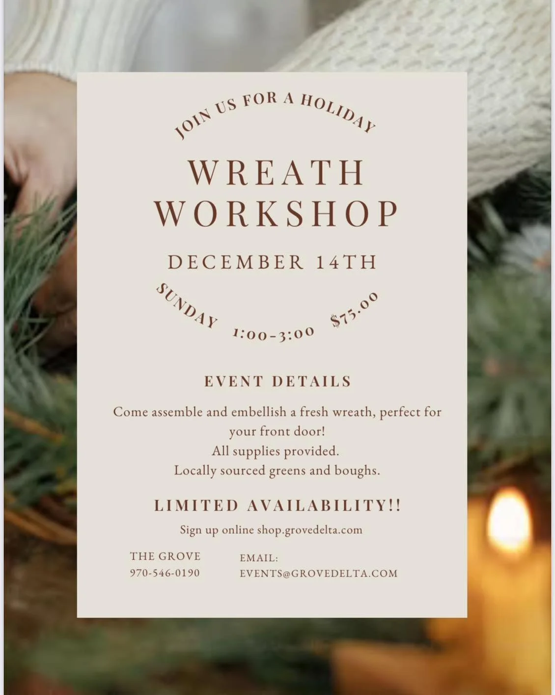 We know you&rsquo;ve been waiting!!! Come design a one of a kind wreath with freshly harvested greens and natural elements . You&rsquo;ll lean simple techniques for designing a full, fragrant wreath- Perfect for your front door. 🚪🌲🤎🌲
Limited spot