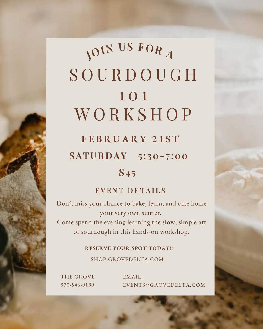 Sourdough 101 🍞
Learn the basics. Get hands-on. Bake with confidence.
Join us for our upcoming beginner sourdough workshop! 
 #thegroveco #workshops #community #learntogether #sourdough #thegrovedelta
