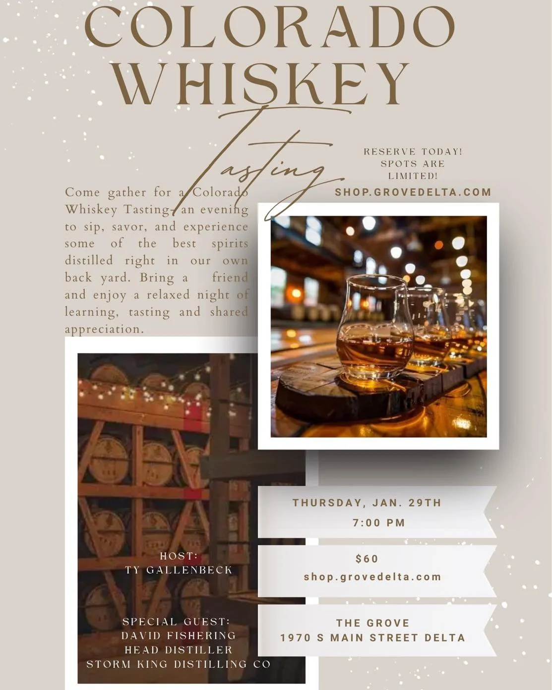 Tonight&rsquo;s plans, solved.

Join us for our Colorado Whiskey Tasting&mdash;featuring locally distilled favorites, a little learning, and a lot of good company. Come spend the evening with us 🥃

https://shop.grovedelta.com/shop/p/colroadowhiskeyt