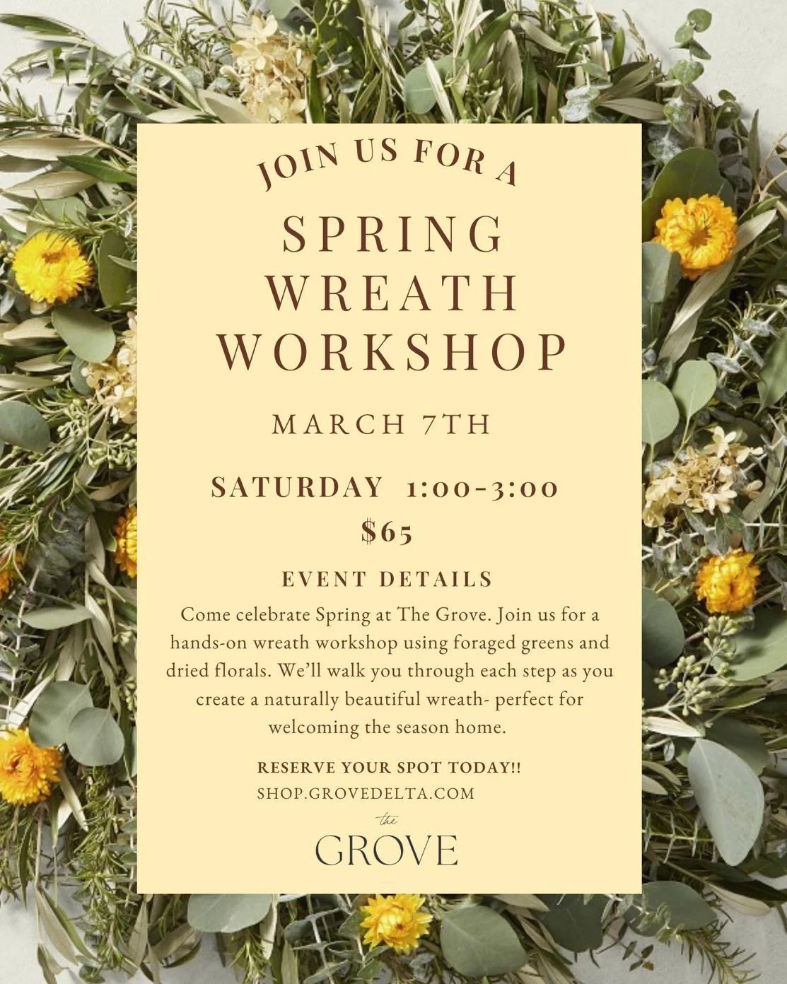 Last call for our Spring Wreath Workshop 🌿
This Saturday we&rsquo;ll gather around the table, work with foraged greens and dried florals, and welcome a new season together.

If you&rsquo;ve been meaning to sign up &mdash; this is your nudge.
Spots a