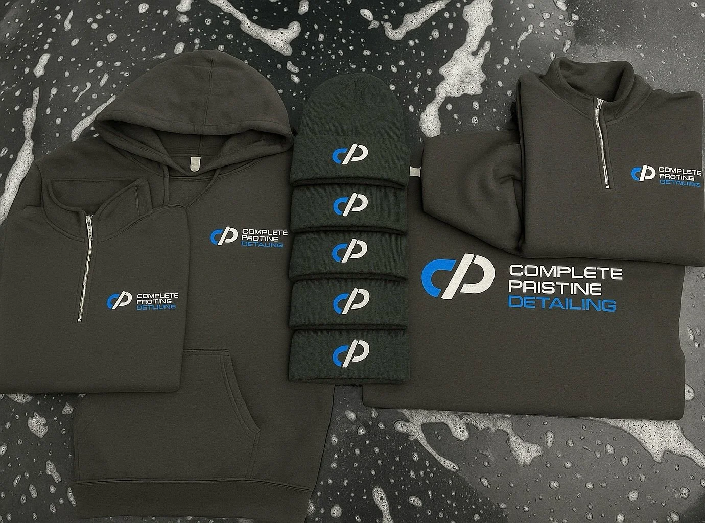 Fresh gear for a team that keeps it pristine 💧 Custom embroidered and printed apparel for Complete Pristine Detailing.