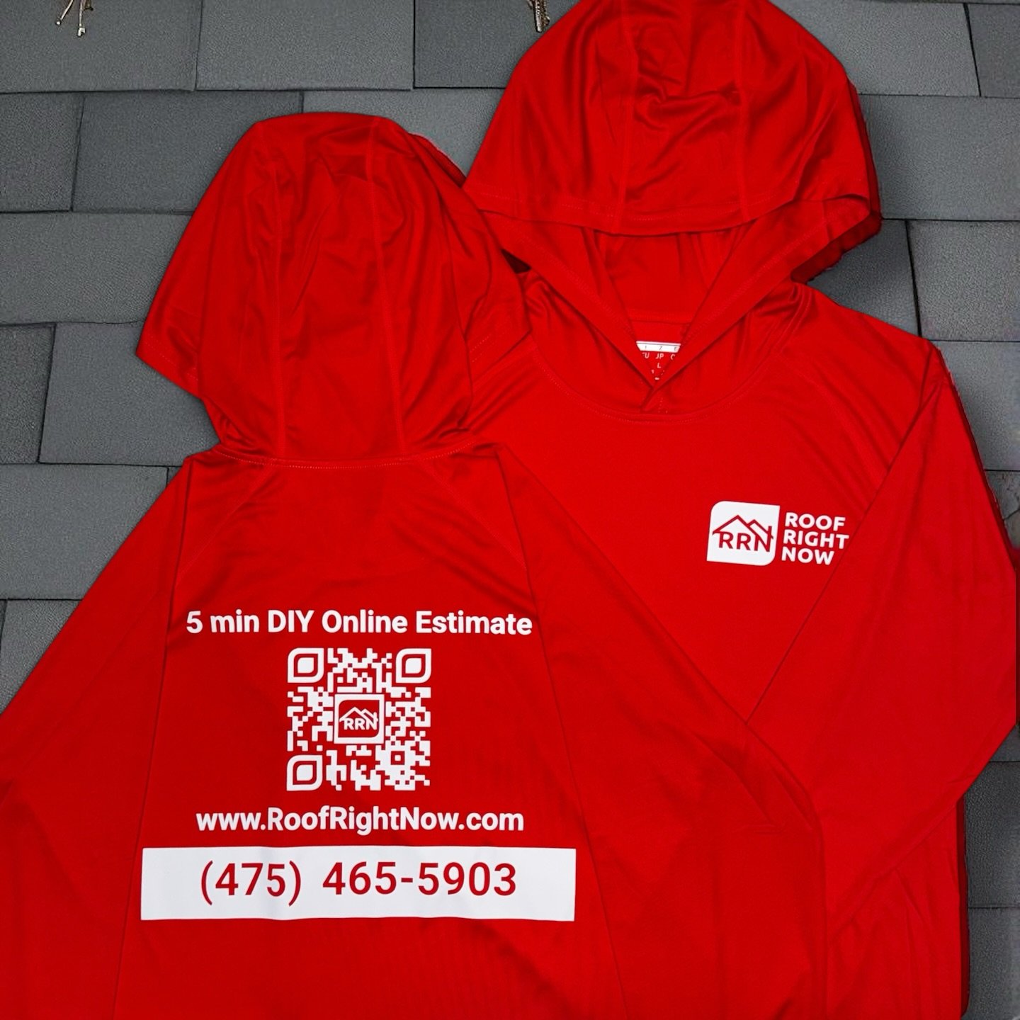 Branded apparel built for business.
These custom printed performance hoodies for Roof Right Now feature a crisp logo, bold color, and a scannable QR code to keep clients connected. Quality prints that make your team look as sharp as your work🏡