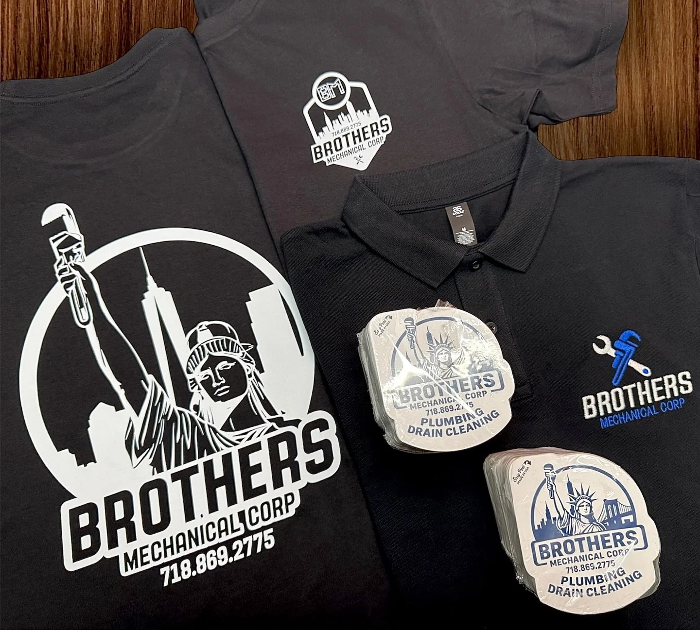 Outfitting Brothers Mechanical Corp with sharp custom tees, polished embroidered polos, and standout stickers&mdash;because their work deserves a look as reliable as their service. 💧👕