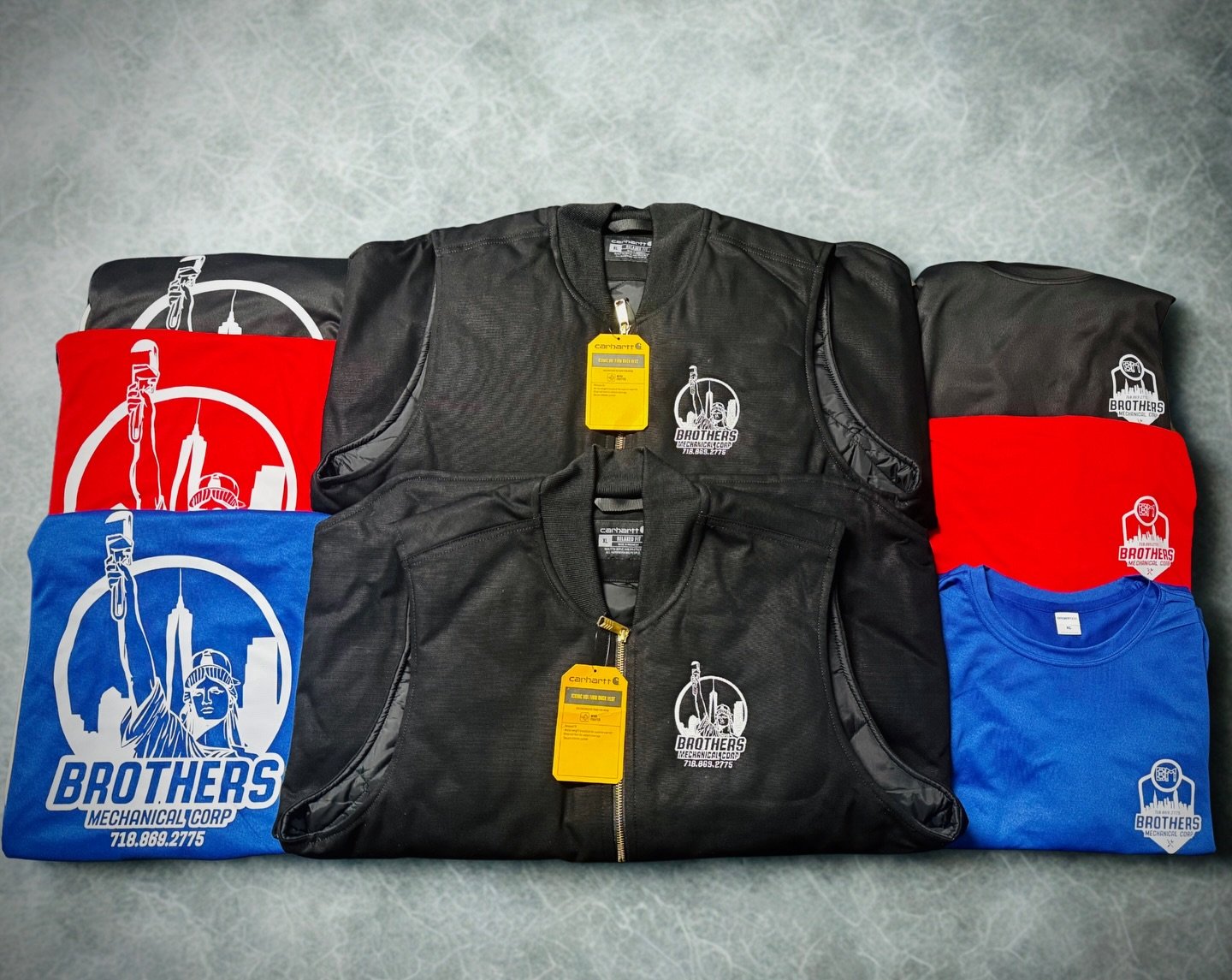 Repeat customers = quality work 
Another order done for Brothers Mechanical Corp. Custom performance tees and embroidered Carhartt vests ready for the team!
