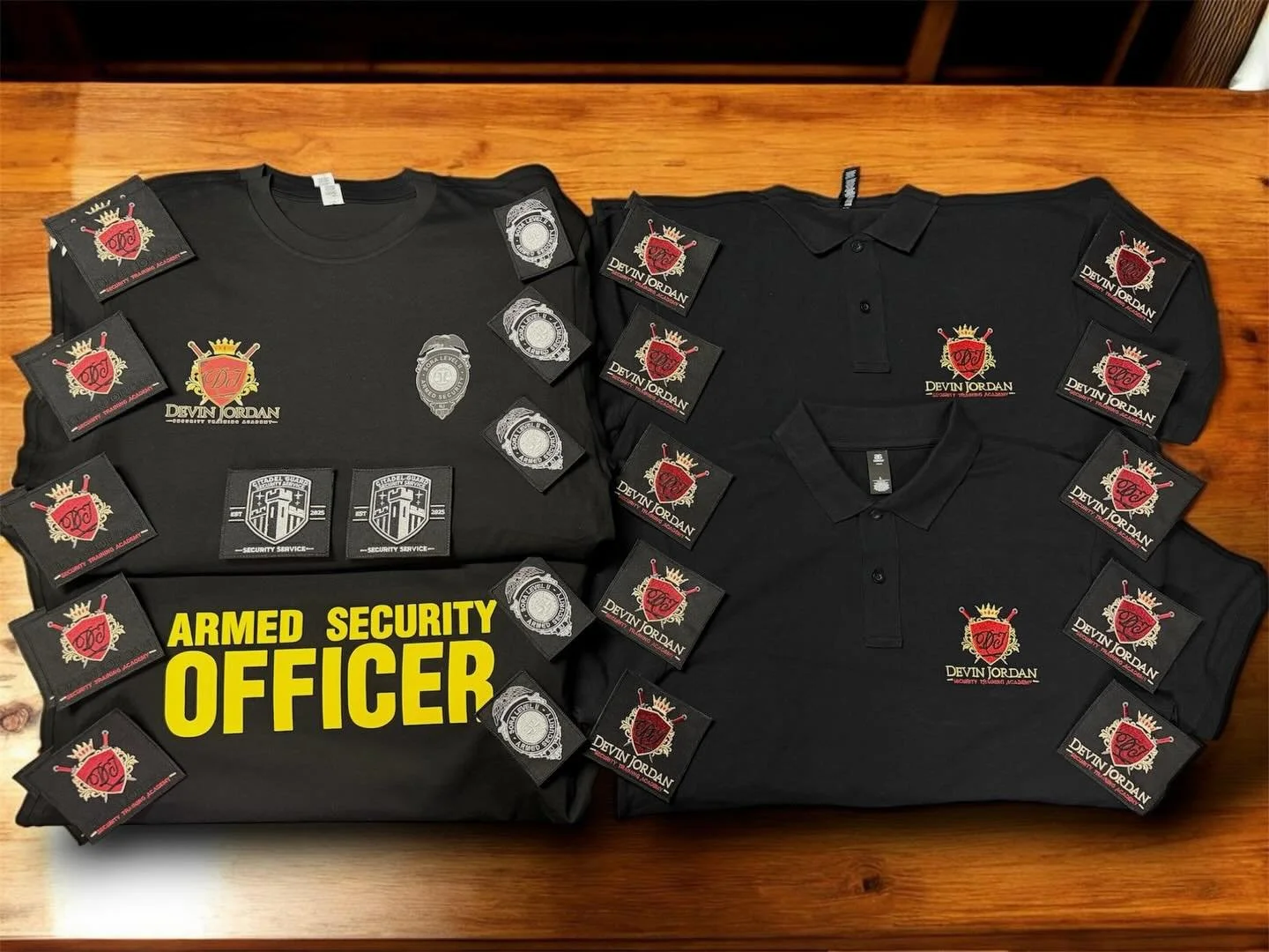 Full uniform package for Devin Jordan Security Training Academy 

&bull; Embroidered polos
&bull; Custom Velcro patches
&bull; Printed tees

Everything dialed in from detail to durability.
