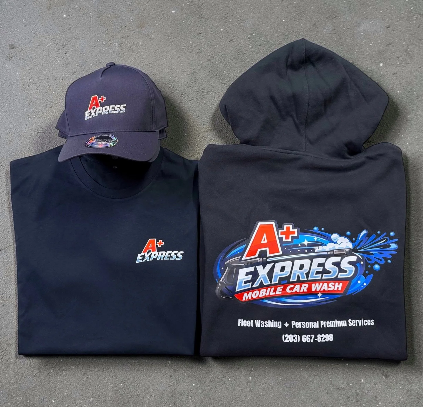 Built for businesses like this 💧
A+ Express Mobile Car Wash came to us for the full starter package&mdash;custom hats, hoodies, and tees!
