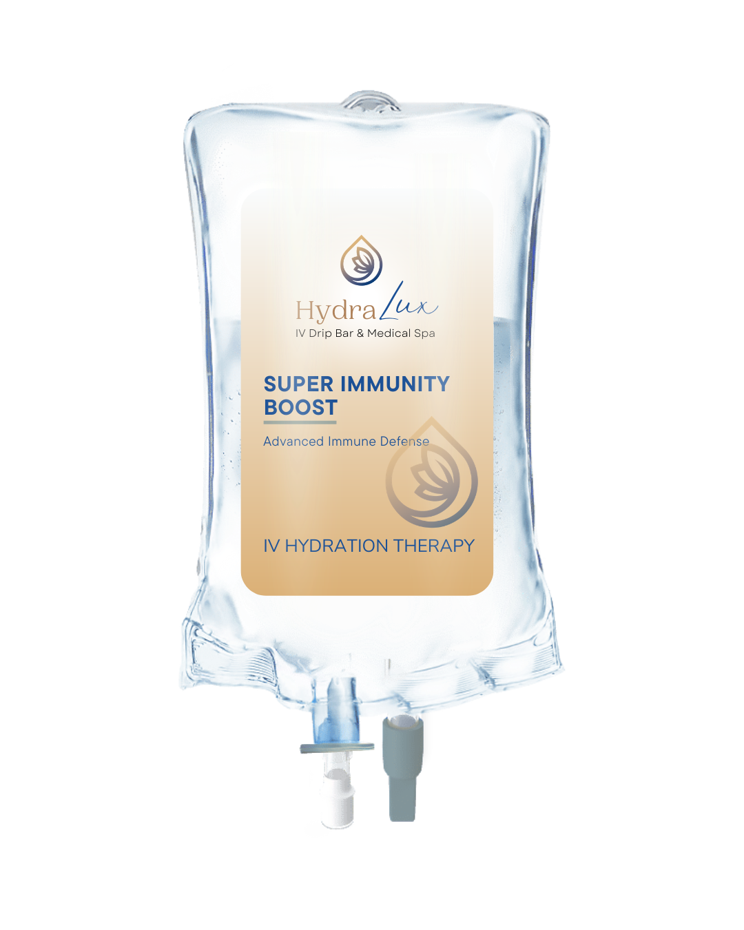 A transparent IV drip bag labeled 'Hydra Lux Super Immunity Boost' containing a clear liquid, with tubing at the bottom.