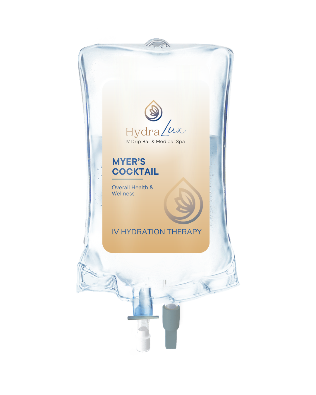 IV drip bag labeled Hydralux with the text Myer's Cocktail and IV hydration therapy.
