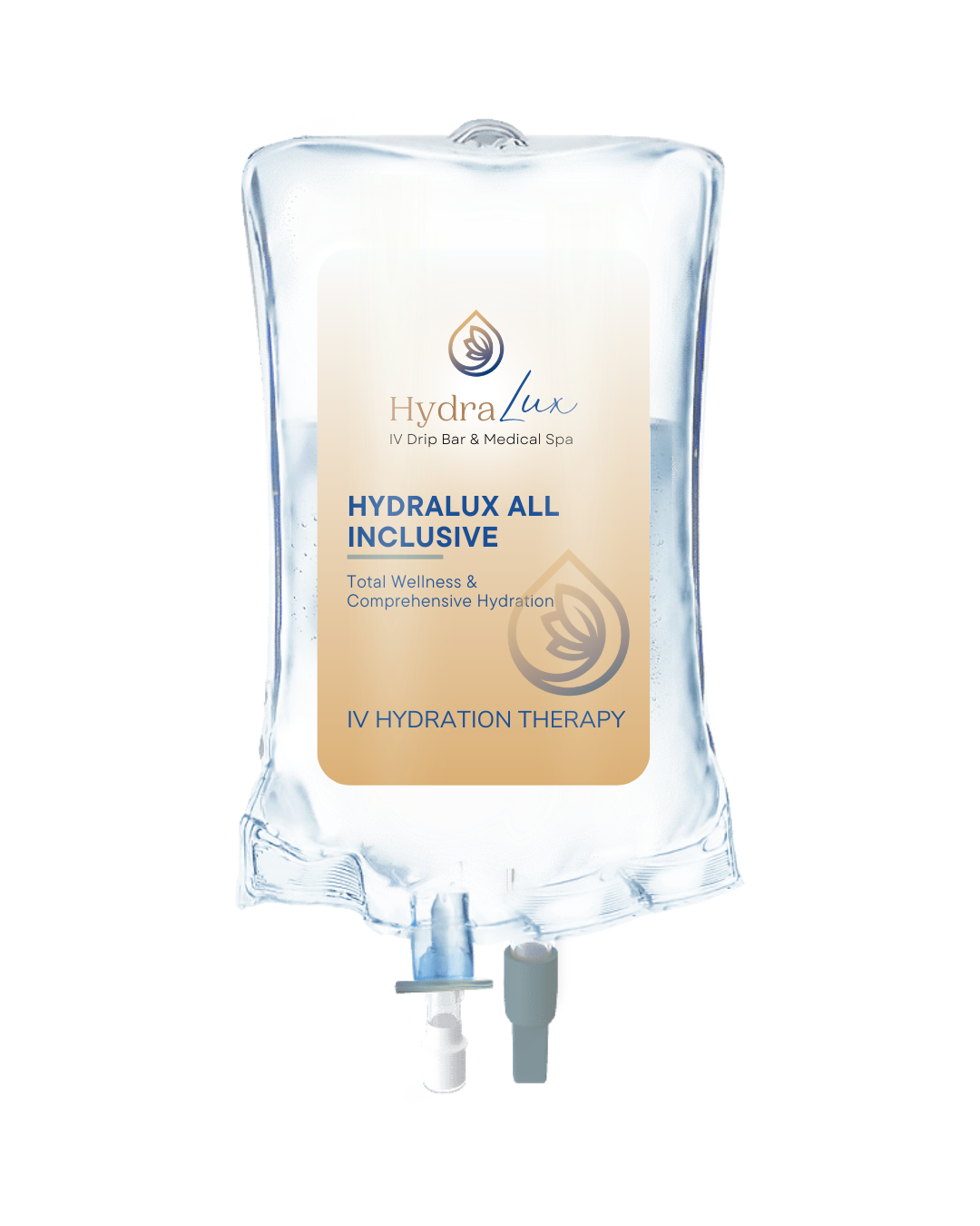 A clear IV drip bag labeled All Inclusive