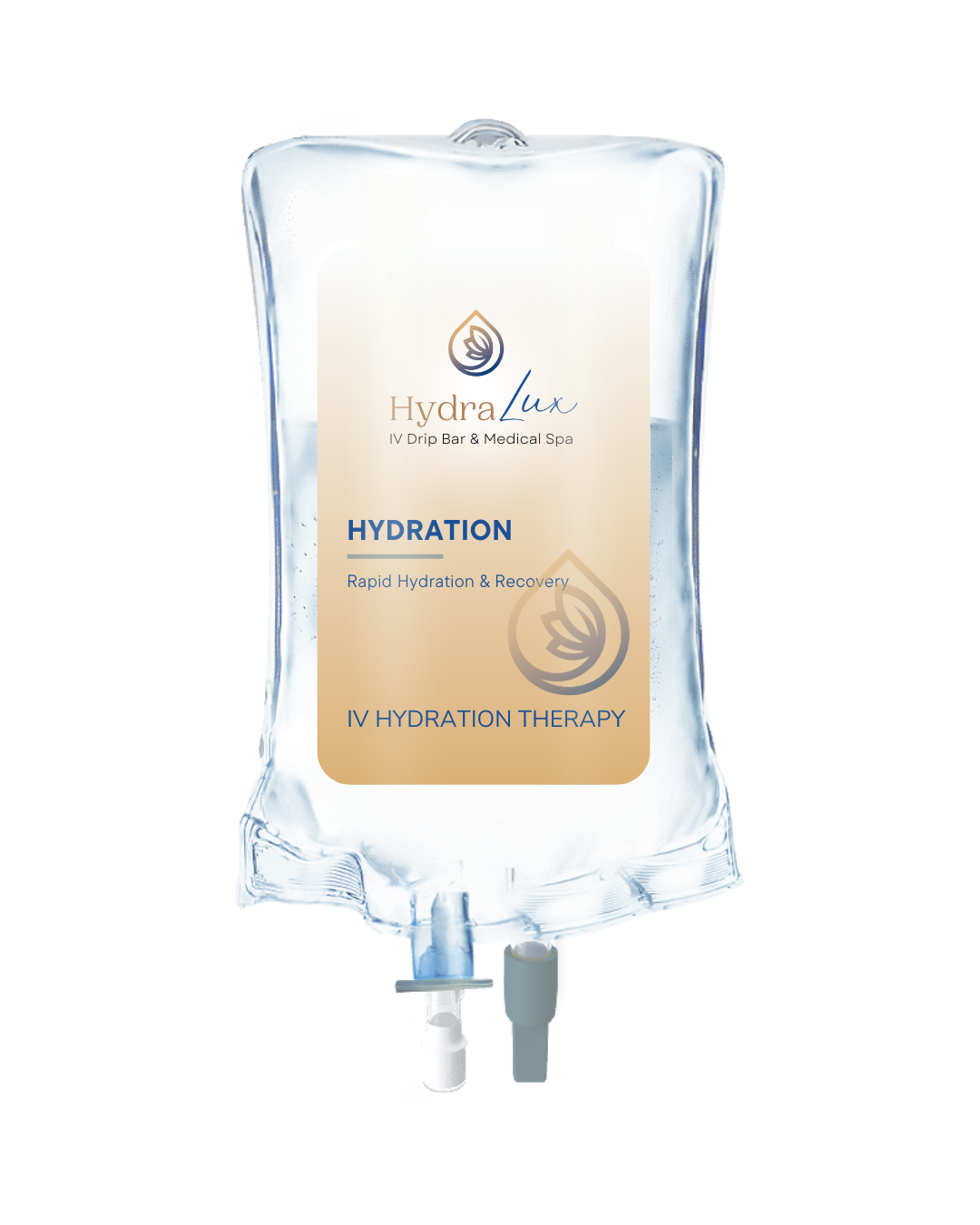 IV drip bag labeled 'Hydra Lux hydration IV' for hydration therapy, white background.