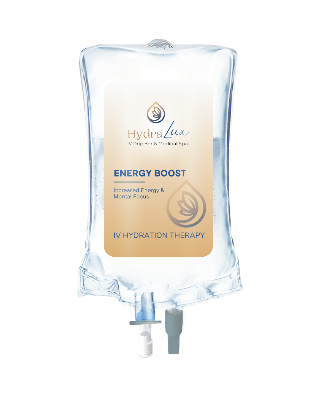 IV drip bag labeled HydraLux Vitality IV Energy Boost for hydration therapy.
