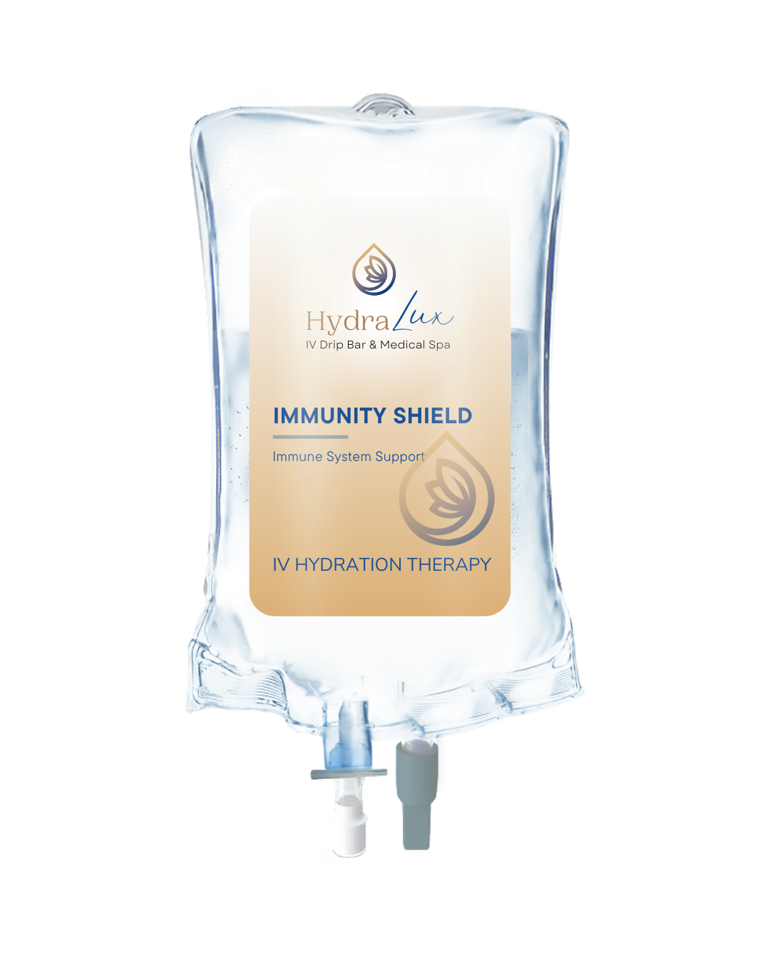 IV drip bag labeled HydraLux Immunity Shield for medical spa, featuring a logo and description of IV hydration therapy and immune support.