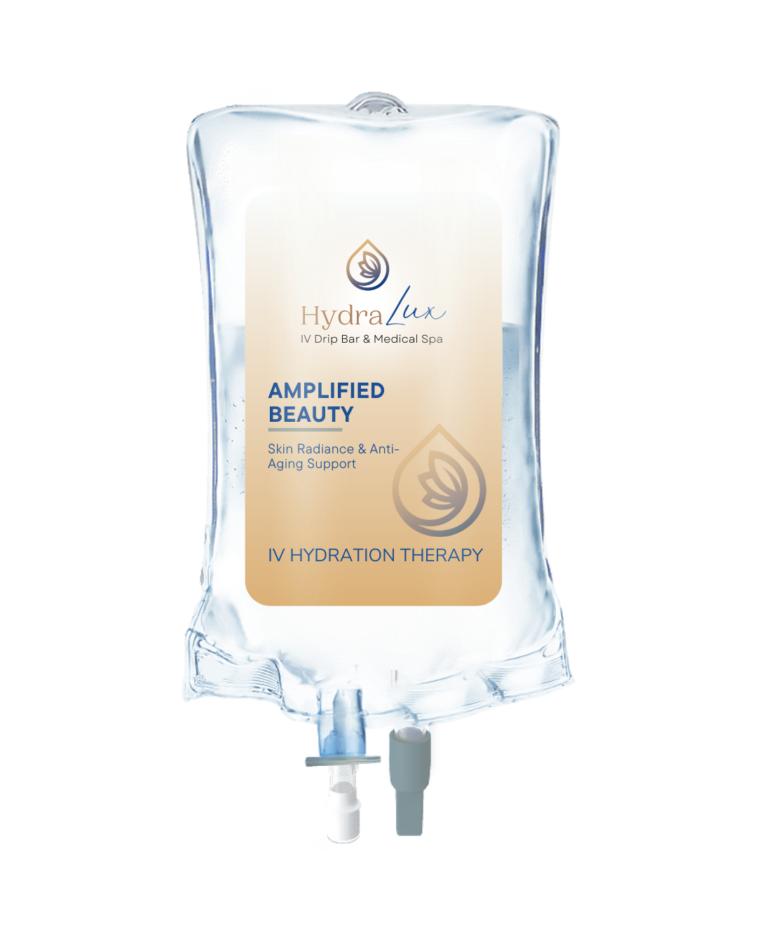 IV drip bag labeled 'Hydra Lux amplified beauty therapy, white background.