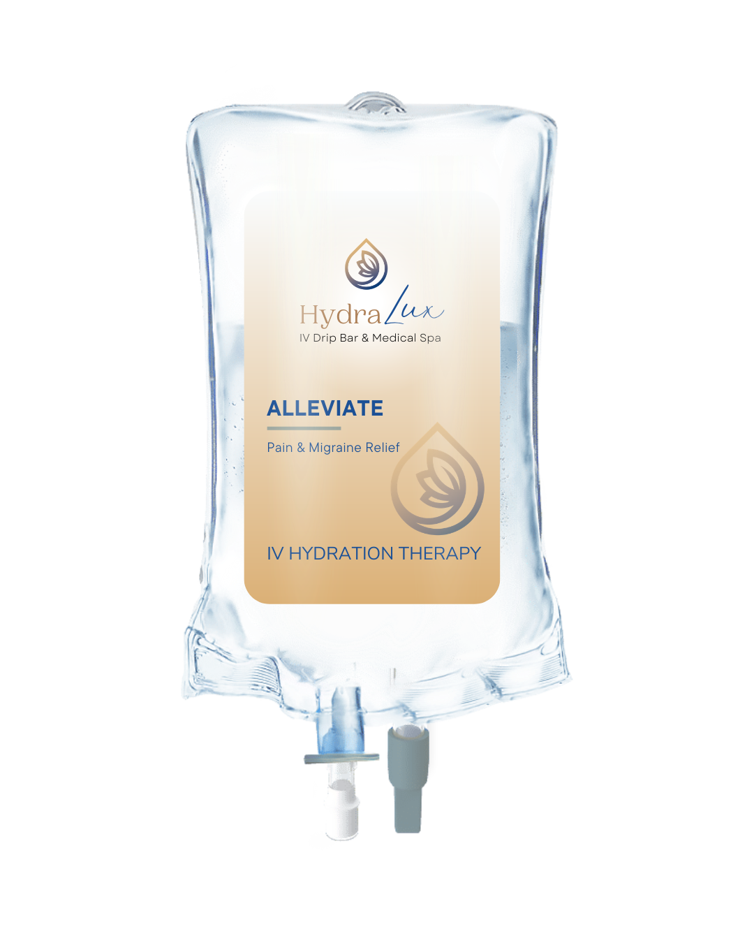IV drip bag labeled Hydra Lux with 'ALLEVIATE IV' and 'Pain & Migraine Relief' for hydration therapy.