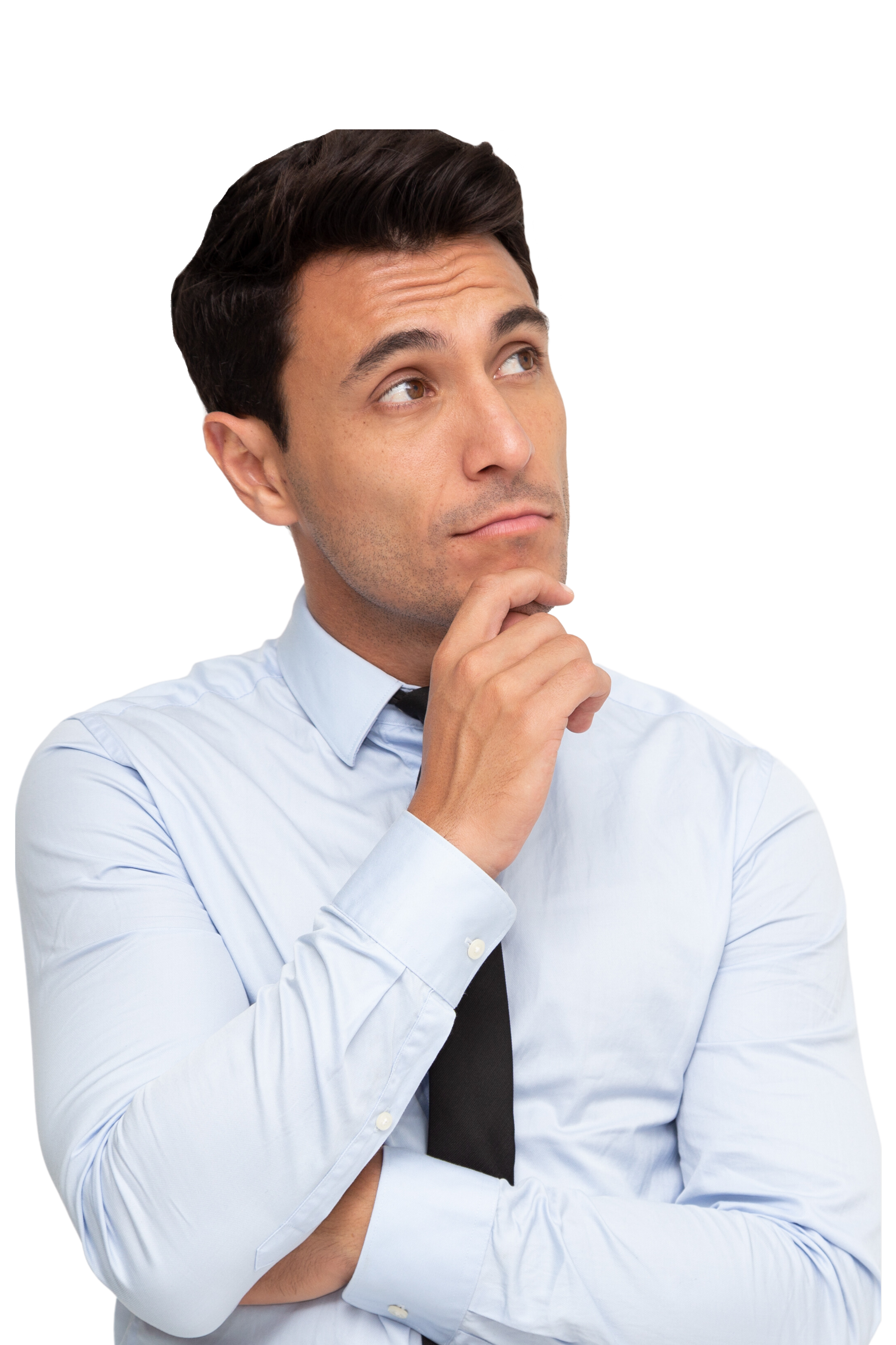 A man with dark hair wearing a light blue shirt and a black tie, holding his hand to his chin, looking thoughtful.