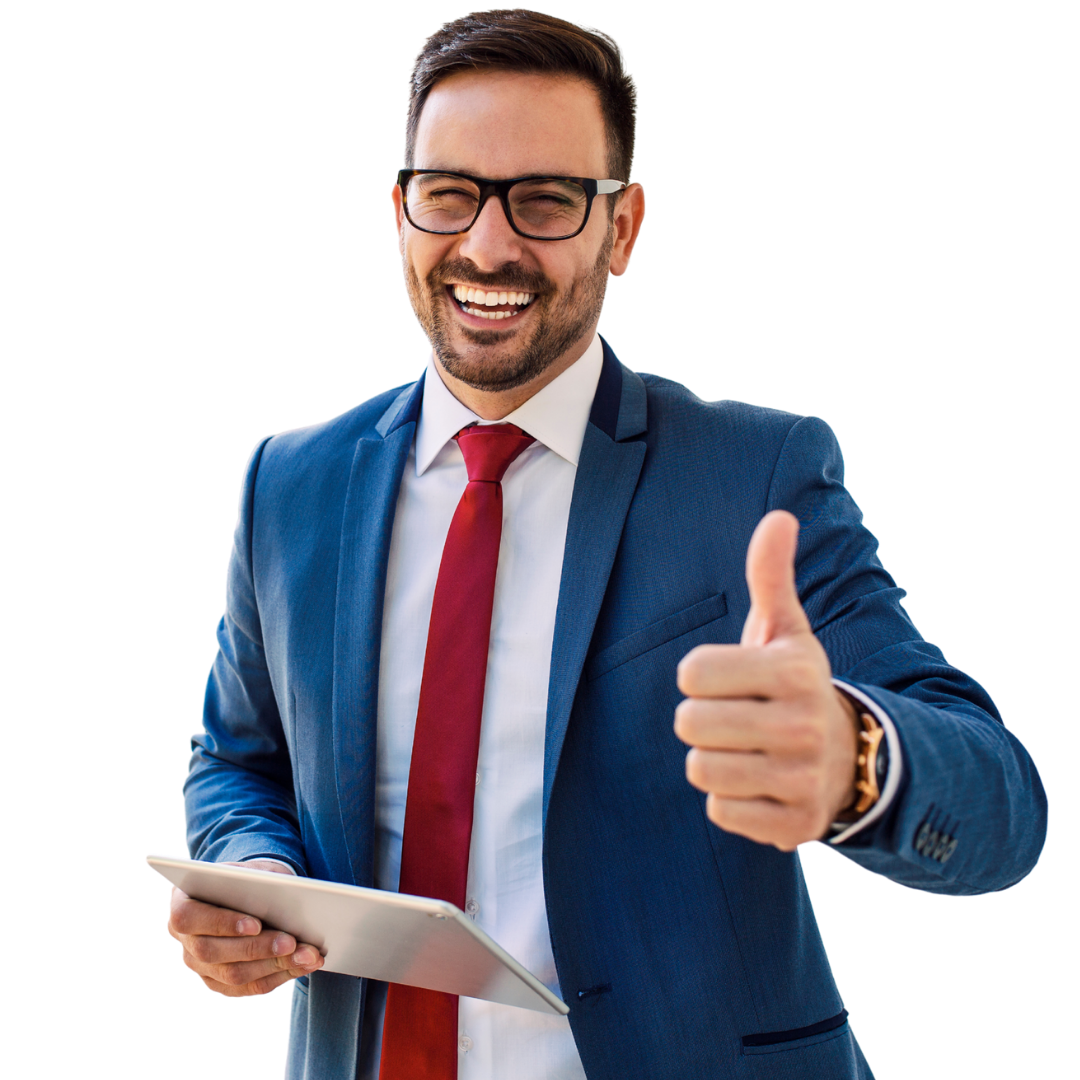 A smiling man in a blue suit, white shirt, and red tie, holding a tablet and giving a thumbs-up gesture.