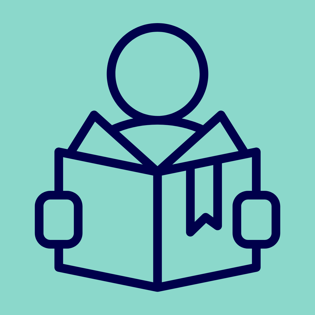 Outline icon of a person reading a book with a bookmark, depicted with simple lines on a light teal background.