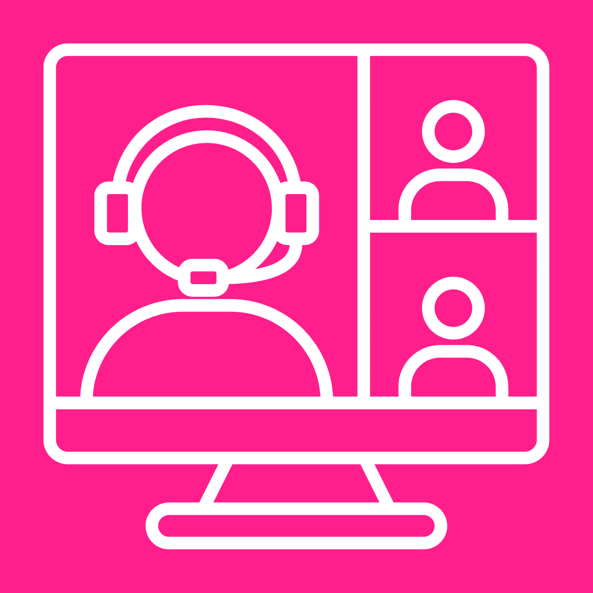 Icon of a computer monitor displaying a video call with one large person wearing a headset and two smaller people.