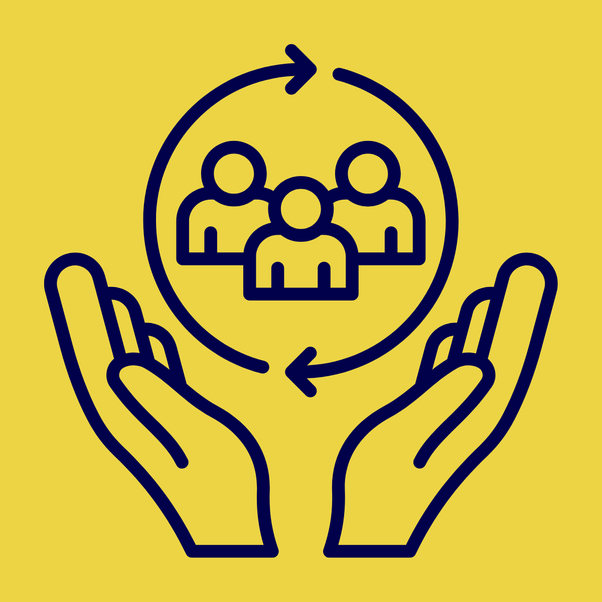 Icon of two hands holding a circle with three people inside, representing teamwork or community support.