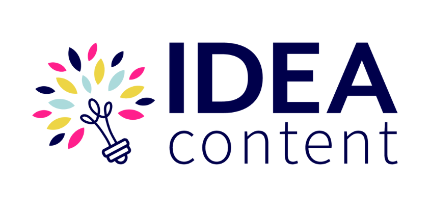 Logo with a colorful light bulb made of leaves and the words 'IDEA content' beside it.