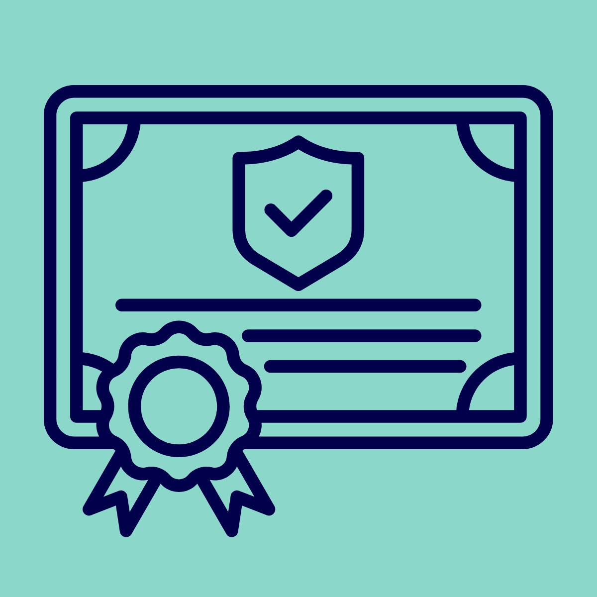 Icon of a certificate with a shield and checkmark, and a ribbon award, representing certification or security.