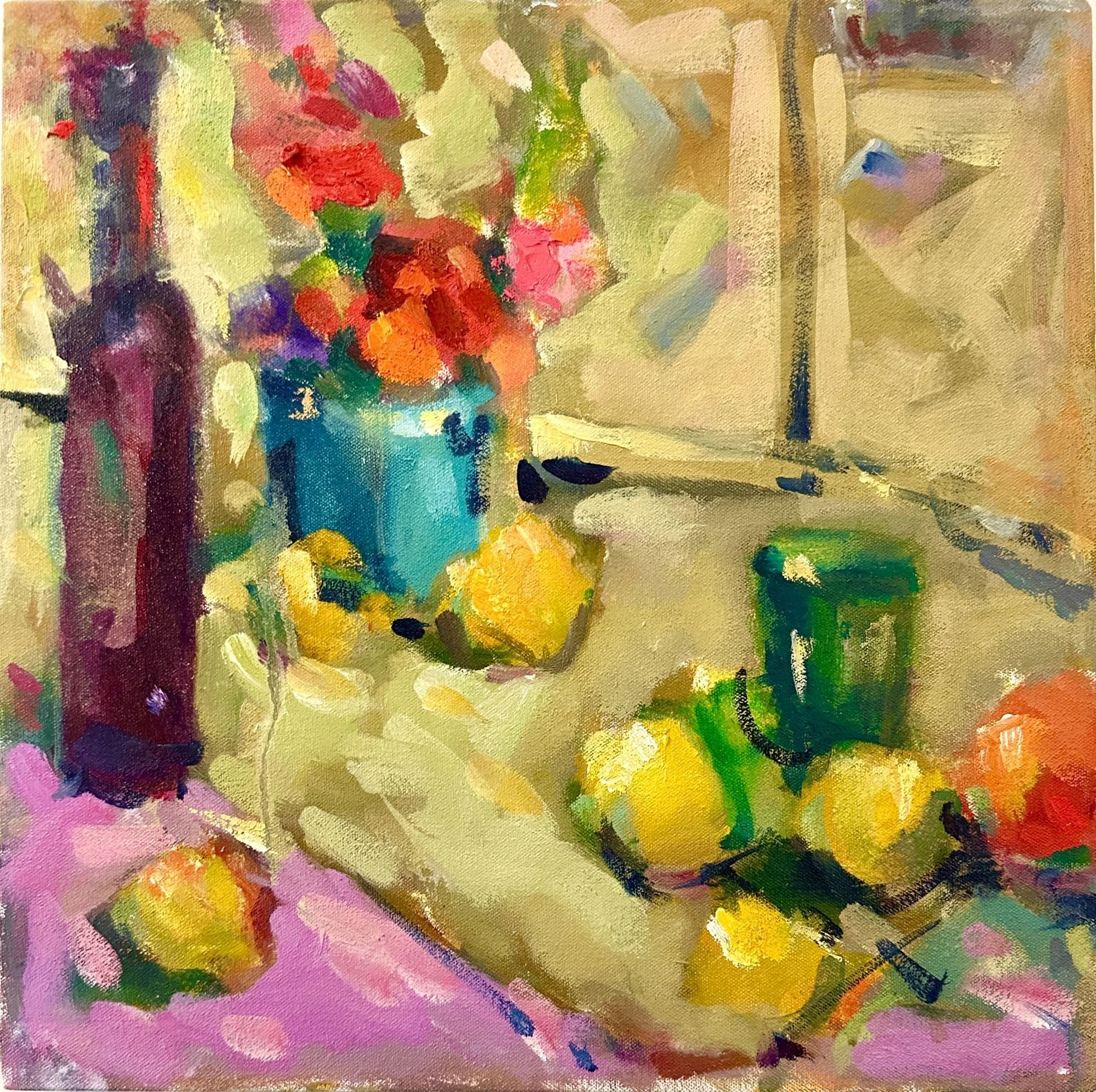 FRUIT & BOTTLE STILL LIFE 16x16x1 oil $500.jpg