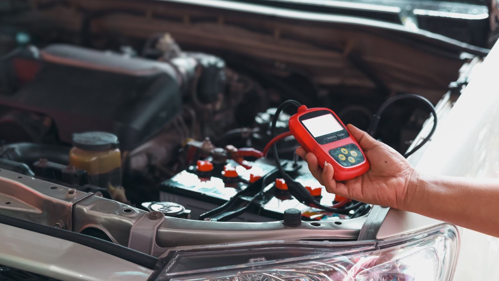 A person holding a diagnostic scanner device over an open car hood, inspecting the car's engine.