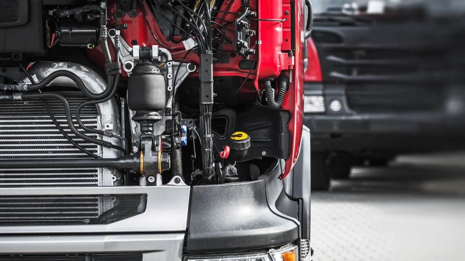 Close-up of a truck's engine bay showing various mechanical components, hoses, and wiring, with part of another vehicle in the background.
