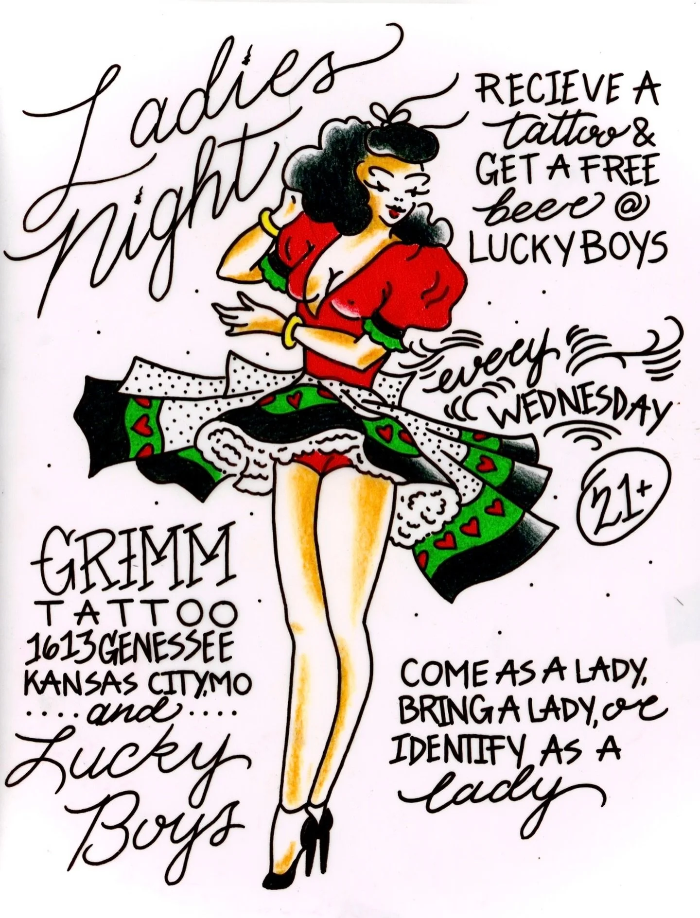 Come celebrate or weekly ladies night hosted by @luckyboyskc and @grimmtattookc
!!PLEASE READ BELOW!!
.
.
Must be 21 years or older to participate with a valid photo issued I.D. Tickets valid on day of issue only! One ticket per patron per week redee