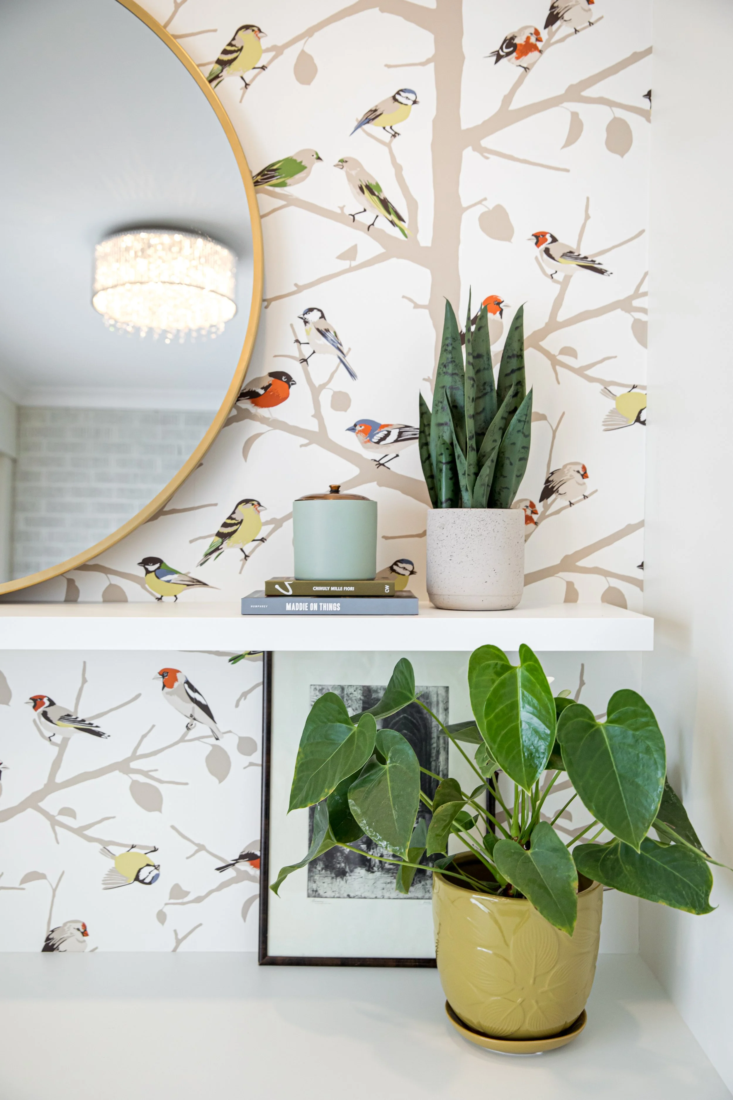 Bird Wallpaper with Greenery and Decor Accents in Den | Maple Ridge Ranch House Renovation