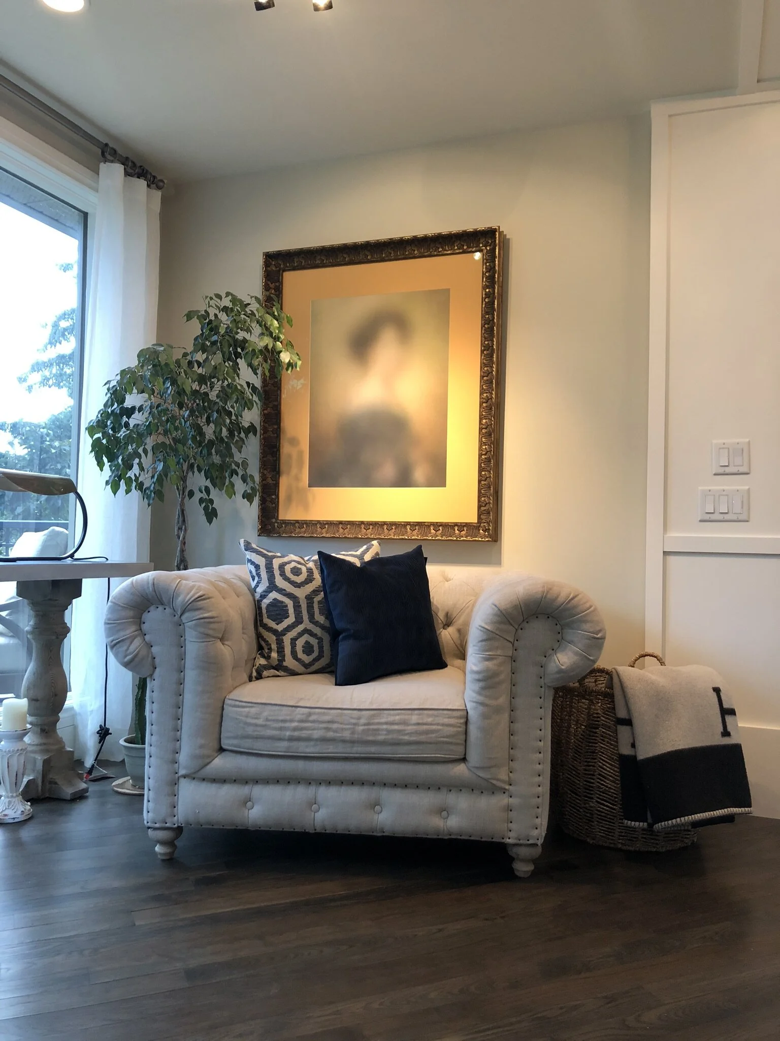 Cozy Reading Nook with Tufted Armchair and Gold-Framed Artwork | Briar Hill I Renovation