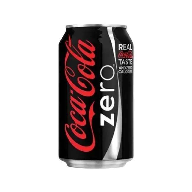  Two cans of Coke Zero. The first has a black can that says Coca Cola Zero, real Coca-Cola Taste and Zero Calories. The second is the more recent branding  – a red can with black Coca Cola signature branding that says "Coca-Cola Zero Sugar, Zero Calo