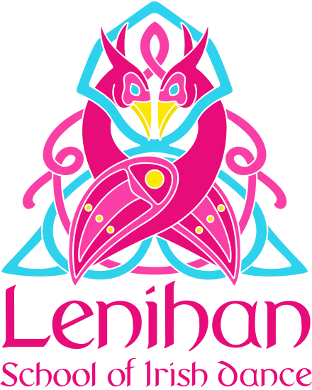 A pink, blue, and yellow logo that says "Lenihan school of irish dance"