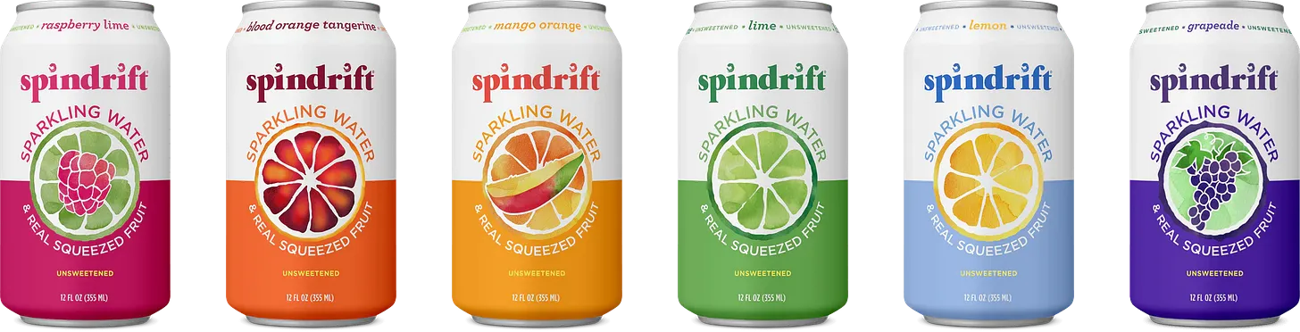 A six-color seltzer rainbow. The colors are, in order, pink, orange, yellow, green, blue purple. You know, like a rainbow.