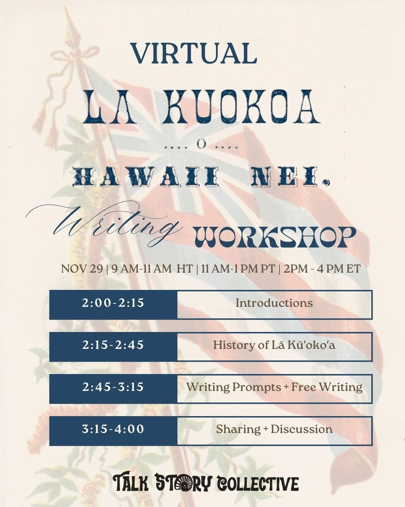 An action-packed two hours. We&rsquo;ll begin with history and mele gifted by our friend and cultural consultant, Mailani Maka&rsquo;ina&rsquo;i. Then Bianca and Sky will transition us into writing prompts and discussion.

2:00 PM - 2:15 PM Introduct